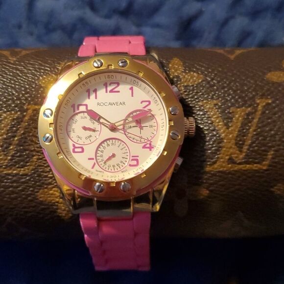 Rocawear Women's RL0129 Large Pink & Gold 3 Multifunction Enamel Bezel‎ Watch - Picture 1 of 10